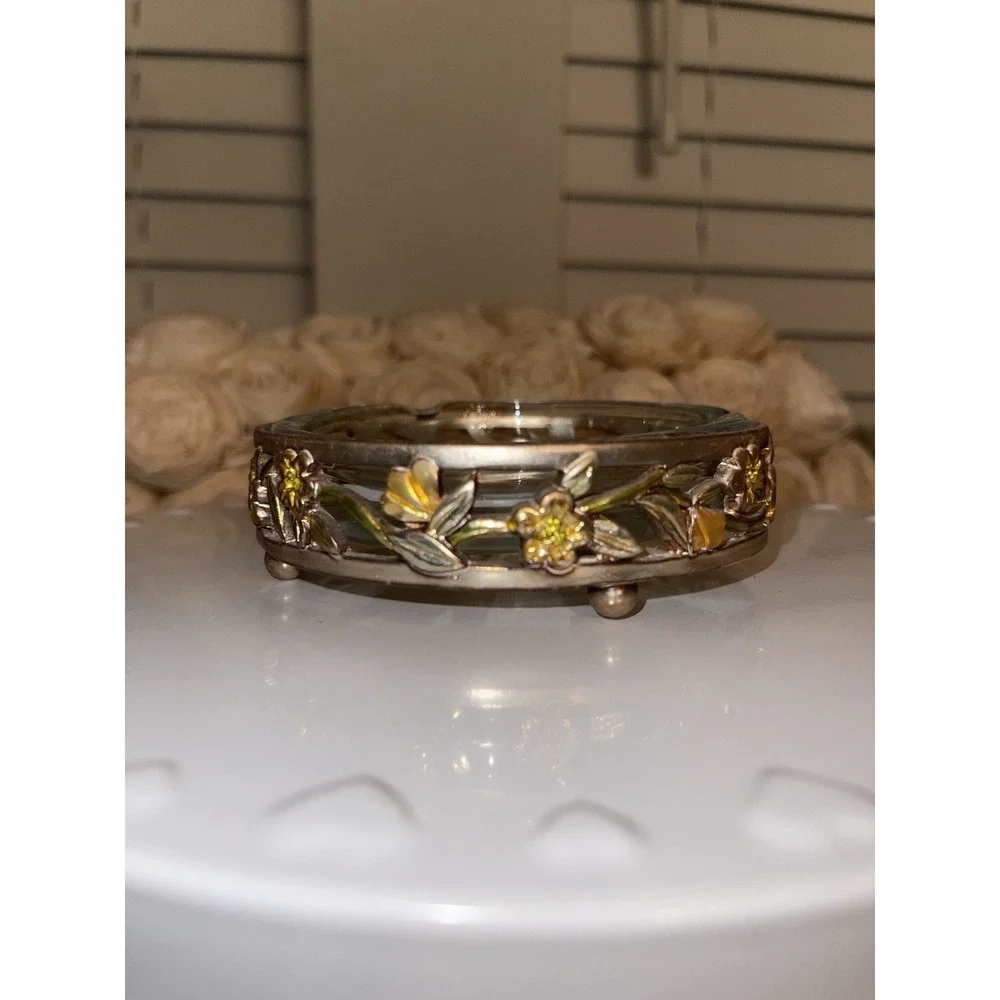 Vintage Clear Glass Ashtray With Gold‎ Tone Floral Ornate Footed Stand Holder